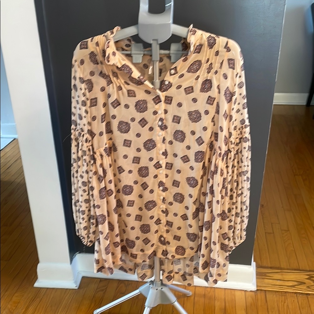 Free People Pink 3/4 Sleeve Blouse with Peter Pan Collar